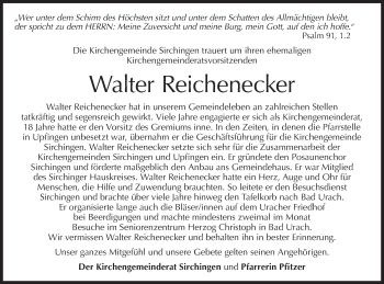 Traueranzeige von Walter Reichenecker von Metzinger-Uracher Volksblatt