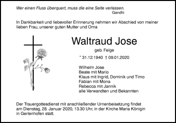 Traueranzeige von Waltraud Jose von SÜDWEST PRESSE Ausgabe Ulm/Neu-Ulm