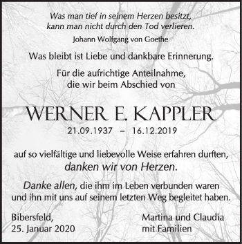 Traueranzeige von Werner E. Kappler von Haller Tagblatt