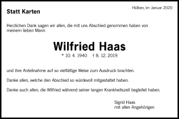 Traueranzeige von Wilfried Haas von Metzinger-Uracher Volksblatt