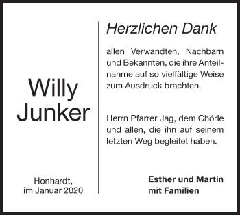 Traueranzeige von Willy Junker von Hohenloher Tagblatt