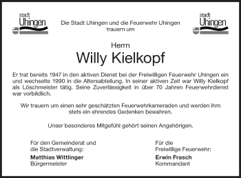 Traueranzeige von Willy Kielkopf von NWZ Neue Württembergische Zeitung