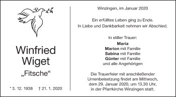 Traueranzeige von Winfried Wiget von NWZ Neue Württembergische Zeitung