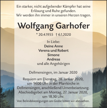 Traueranzeige von Wolfgang Garhofer von SÜDWEST PRESSE Ausgabe Ulm/Neu-Ulm