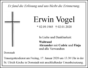 Traueranzeige von Erwin Vogel von SÜDWEST PRESSE Ausgabe Ulm/Neu-Ulm