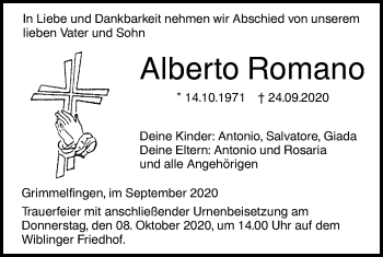 Traueranzeige von Alberto Romano von SÜDWEST PRESSE Ausgabe Ulm/Neu-Ulm