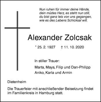 Traueranzeige von Alexander Zolcsak von Illertal Bote