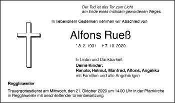 Traueranzeige von Alfons Rueß von Illertal Bote