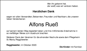 Traueranzeige von Alfons Rueß von Illertal Bote