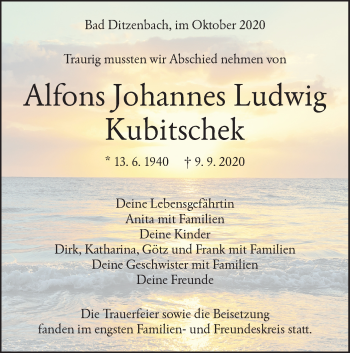 Traueranzeige von Alfons Johannes Ludwig Kubitschek von Geislinger Zeitung