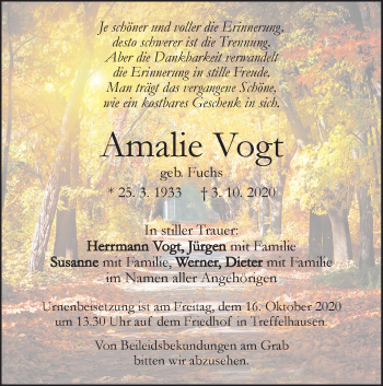 Traueranzeige von Amalie Vogt von Geislinger Zeitung