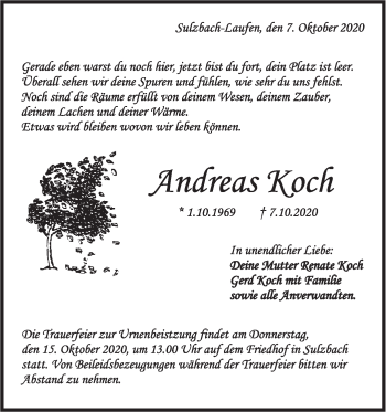 Traueranzeige von Andreas Koch von Rundschau Gaildorf