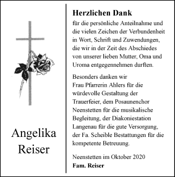 Traueranzeige von Angelika Reiser von SÜDWEST PRESSE Ausgabe Ulm/Neu-Ulm