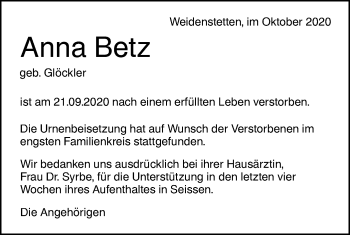 Traueranzeige von Anna Betz von SÜDWEST PRESSE Ausgabe Ulm/Neu-Ulm