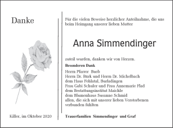 Traueranzeige von Anna Simmendinger von Hohenzollerische Zeitung