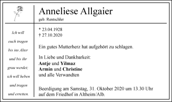 Traueranzeige von Anneliese Allgaier von SÜDWEST PRESSE Ausgabe Ulm/Neu-Ulm