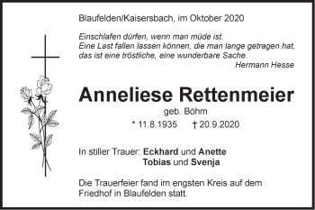 Traueranzeige von Anneliese Rettenmeier von Hohenloher Tagblatt