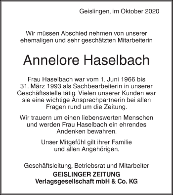 Traueranzeige von Annelore Haselbach von Geislinger Zeitung