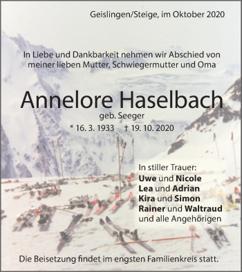 Traueranzeige von Annelore Haselbach von Geislinger Zeitung