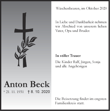 Traueranzeige von Anton Beck von NWZ Neue Württembergische Zeitung