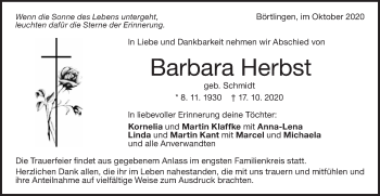 Traueranzeige von Barbara Herbst von NWZ Neue Württembergische Zeitung