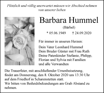 Traueranzeige von Barbara Hummel von SÜDWEST PRESSE Ausgabe Ulm/Neu-Ulm