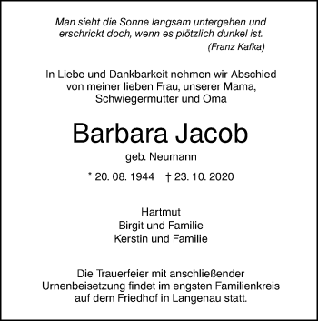 Traueranzeige von Barbara Jacob von SÜDWEST PRESSE Ausgabe Ulm/Neu-Ulm