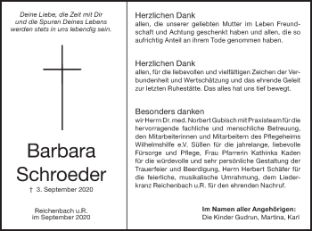 Traueranzeige von Barbara Schroeder von NWZ Neue Württembergische Zeitung