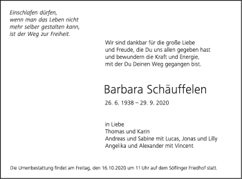 Traueranzeige von Barbara Schäuffelen von SÜDWEST PRESSE Ausgabe Ulm/Neu-Ulm