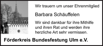 Traueranzeige von Barbara Schäuffelen von SÜDWEST PRESSE Ausgabe Ulm/Neu-Ulm