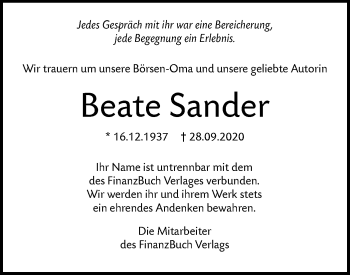 Traueranzeige von Beate Sander von SÜDWEST PRESSE Ausgabe Ulm/Neu-Ulm