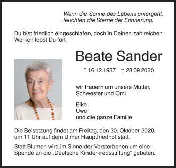 Traueranzeige von Beate Sander von SÜDWEST PRESSE Ausgabe Ulm/Neu-Ulm