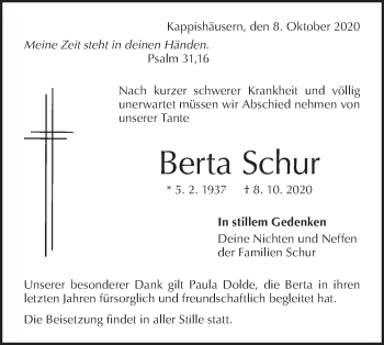 Traueranzeige von Berta Schur von Metzinger-Uracher Volksblatt