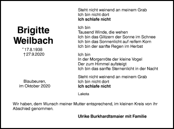 Traueranzeige von Brigitte Weilbach von SÜDWEST PRESSE Ausgabe Ulm/Neu-Ulm