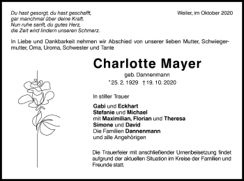 Traueranzeige von Charlotte Mayer von NWZ Neue Württembergische Zeitung