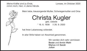 Traueranzeige von Christa Kugler von Geislinger Zeitung