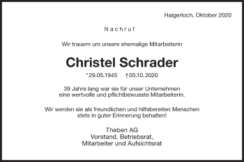 Traueranzeige von Christel Schrader von Hohenzollerische Zeitung