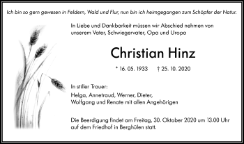 Traueranzeige von Christian Hinz von SÜDWEST PRESSE Ausgabe Ulm/Neu-Ulm