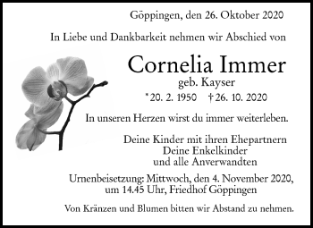 Traueranzeige von Cornelia Immer von NWZ Neue Württembergische Zeitung