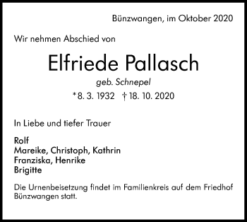 Traueranzeige von Elfriede Pallasch von NWZ Neue Württembergische Zeitung