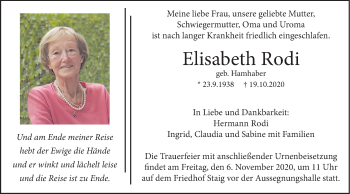 Traueranzeige von Elisabeth Rodi von SÜDWEST PRESSE Ausgabe Ulm/Neu-Ulm