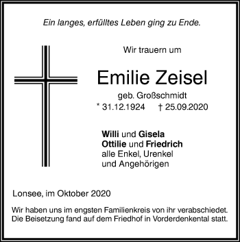 Traueranzeige von Emilie Zeisel von SÜDWEST PRESSE Ausgabe Ulm/Neu-Ulm