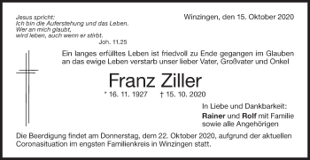 Traueranzeige von Franz Ziller von NWZ Neue Württembergische Zeitung