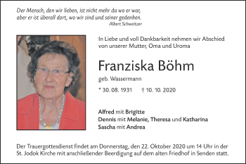 Traueranzeige von Franziska Böhm von SÜDWEST PRESSE Ausgabe Ulm/Neu-Ulm