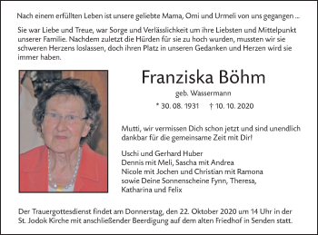 Traueranzeige von Franziska Böhm von SÜDWEST PRESSE Ausgabe Ulm/Neu-Ulm