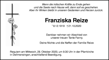 Traueranzeige von Franziska Reize von SÜDWEST PRESSE Ausgabe Ulm/Neu-Ulm