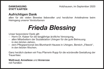 Traueranzeige von Frieda Blessing von NWZ Neue Württembergische Zeitung