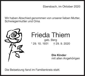 Traueranzeige von Frieda Thiem von NWZ Neue Württembergische Zeitung