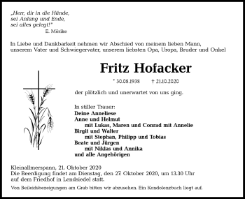 Traueranzeige von Fritz Hofacker von Haller Tagblatt/Rundschau Gaildorf/Hohenloher Tagblatt