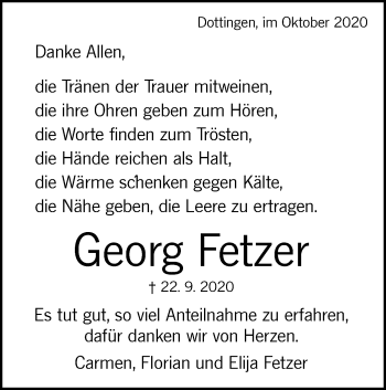 Traueranzeige von Georg Fetzer von Alb-Bote/Metzinger-Uracher Volksblatt